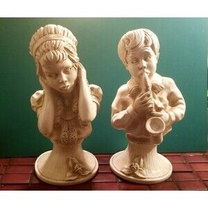 Vintage Boy Playing Saxophone & Girl Covering Ears Pair of Resin Statues